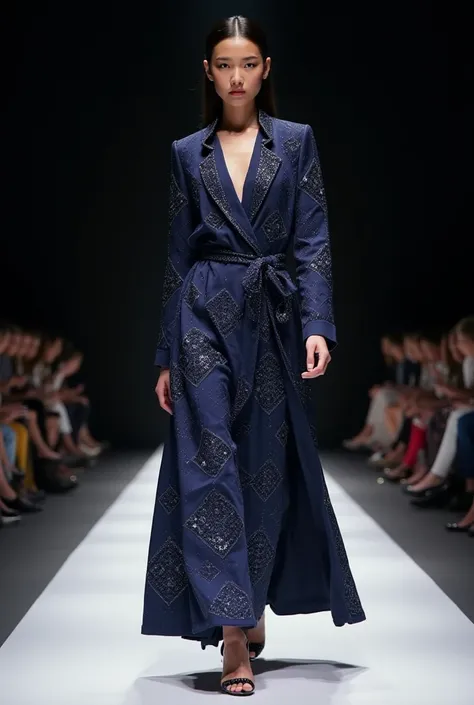 Long wrap jacket, long sleeves, in geometric navy blue, decorated with sequins, crystals and slim. Belt tied at the waist. Wide pants, in the same fabric decorated with sequins and geometric pattern, worn by a model with Asian features on the catwalk with ...