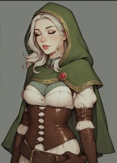  masterpiece,  beautiful illustration, Middle Ages,  Medievkovye,  girl, Beautiful blouse , a corset,  tight pants and high boots .  There is a green cape with a hood on the shoulders — the hood is thrown over the head.  Leather belt with different pockets...