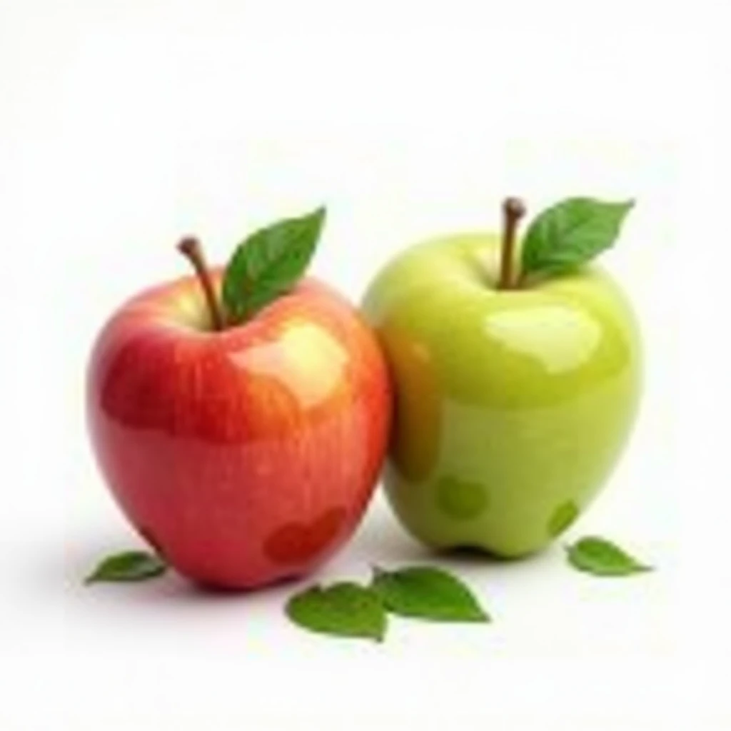 Two realistic apples with a white background: one red apple and one green apple, placed together. Include 3-4 fresh green leaves around the apples for a natural look. The design should have a clean and minimalistic aesthetic with soft shadows for depth. Ma...