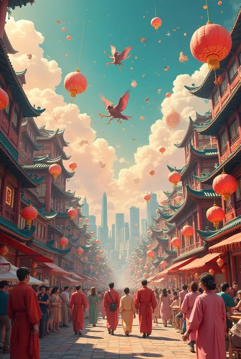  A Chinese New Year art with vibrant art, and out of reality with a city background  