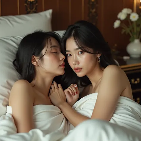 2 realistic Asian lesbian friends, beautiful eyes and face, one is lying on top of other, they are both covered by a white bedsheet, their hands are under sheets , in an erotic and romantic pose making love, in a luxurious hotel bed , real life picture, gi...