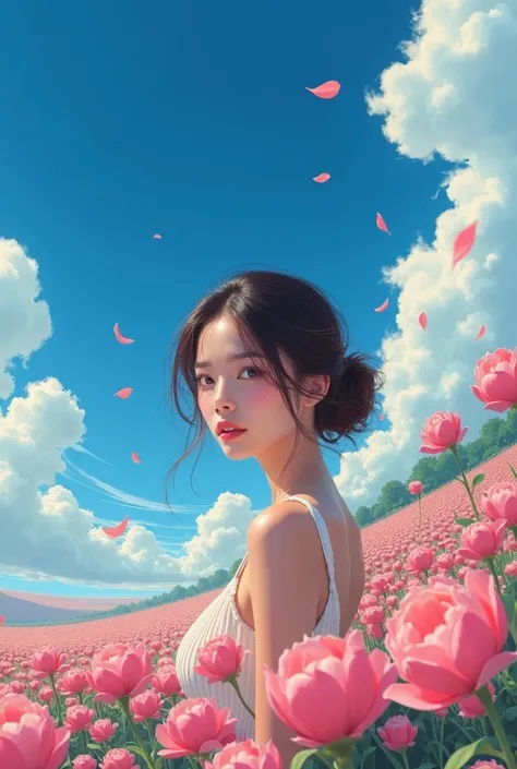  is present, Genuine, Beautiful and amazing landscape oil painting studio Ghibli Miyazaki Hayao&#39;Petal Prairie with Blue Sky and White Clouds -v6 Please draw a woman with a gorgeous and well-groomed face like in Bishoujo Manga。however、 avoid cartoonish ...