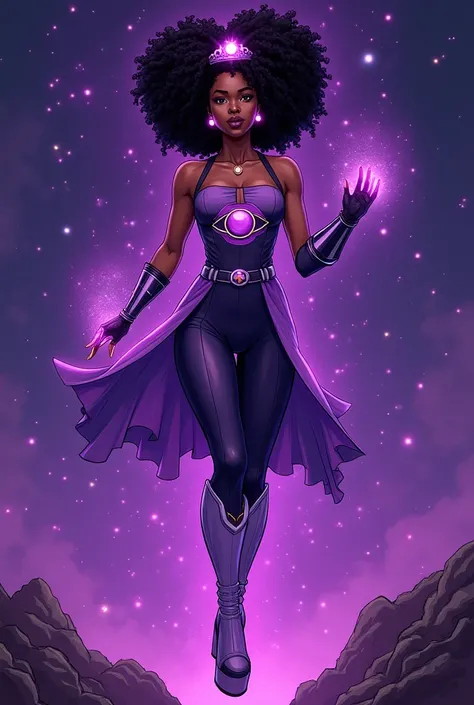 (comic style:1.3), (line art:1.5), (full body),(masterpiece, award winning, best quality:1.3), (flat color:1.3),(colorful:1.3), 1 woman ((solo)), African, superhero, dark skin, fluffy black afro hair, purple glowing eyes, wearing a dark purple and light pu...