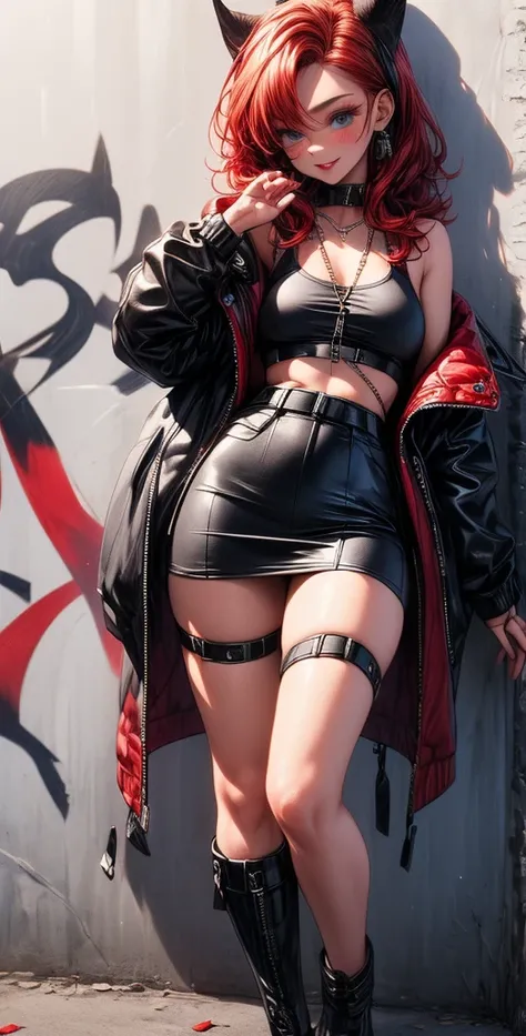  High definition,  Best quality ,  high detail,  high quality, full length ,full frame, Full-length girl , red hair, Two half-tails,  blue eyes, makeup, scarlet lips, Short leather skirt ,short top , Posing against a graffiti wall.