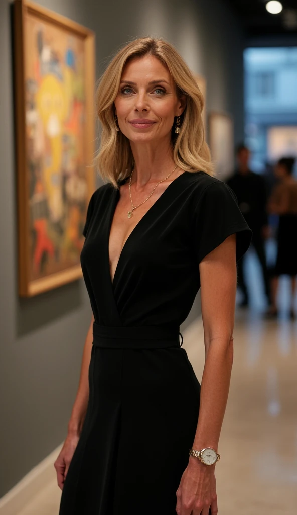 I am 43 years old, blonde, medium-length, green eyes, 1m72, 60k, 90c, rather classic, bcbg,an exhibition opening I am in a straight dress with small sleeves, not very high pumps, slight neckline
