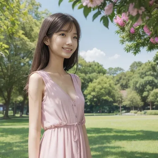 A woman standing on the grass in a park, wearing a fluttering pink long dress, with her arms folded behind her back, a composition from head to knees under a blue sky, a calm expression in beautiful nature, her clothes swaying in the soft breeze, green tre...