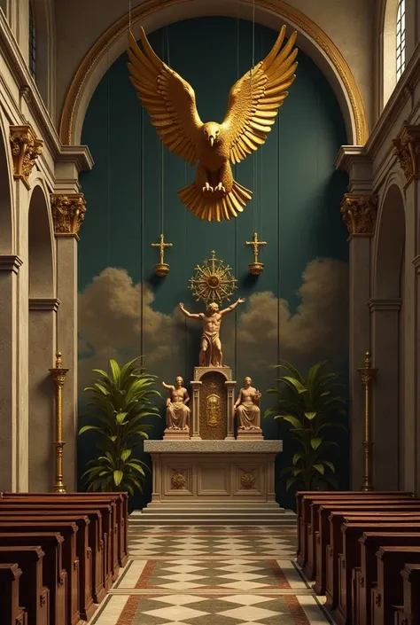 A Catholic cathedral interior. The Cathedral has been converted into a Roman Pagan cathedral, honoring the gods of Olympus. The iconography of the Christian religion has been replaced with hellenic iconography. There is an eagle statue made of gold hanging...