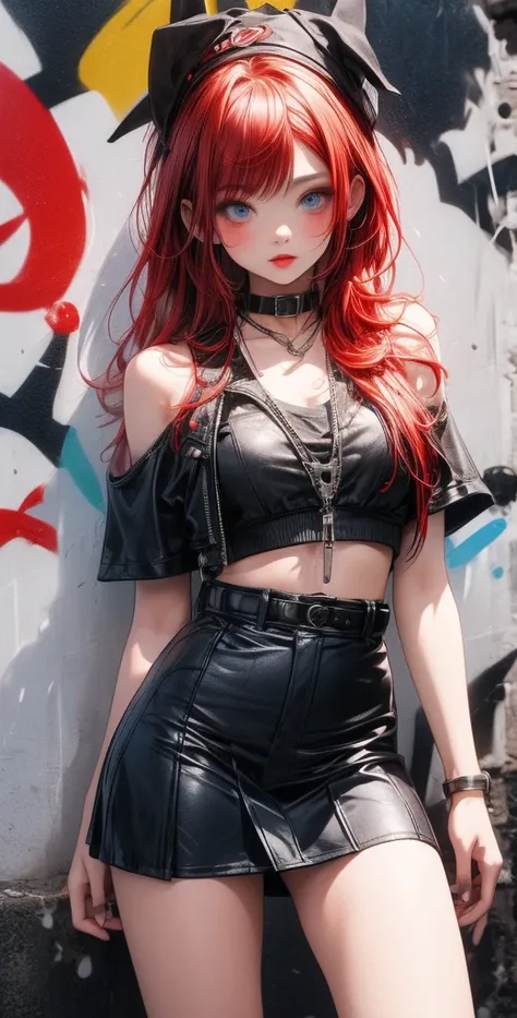  High definition,  Best quality ,  high detail,  high quality, full length ,full frame, Full-length girl , red hair, Two half-tails,  blue eyes, makeup, scarlet lips, Short leather skirt ,short top , Posing against a graffiti wall.