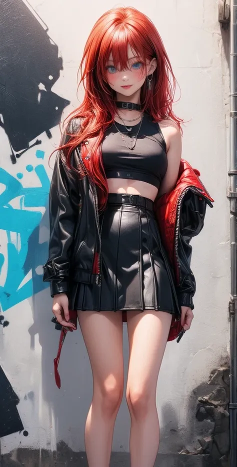  High definition,  Best quality ,  high detail,  high quality, full length ,full frame, Full-length girl , red hair, Two half-tails,  blue eyes, makeup, scarlet lips, Short leather skirt ,short top , Posing against a graffiti wall.