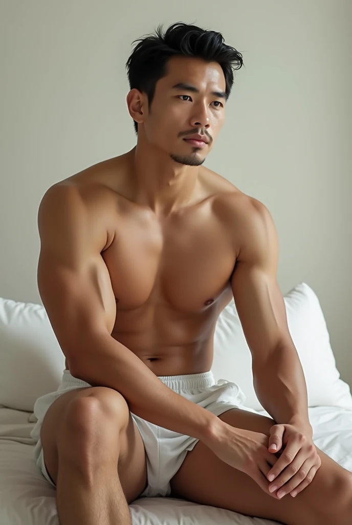 shirtless asian man sitting with swim suit side view, nice body, handsome. short pants, full body. head to toe.