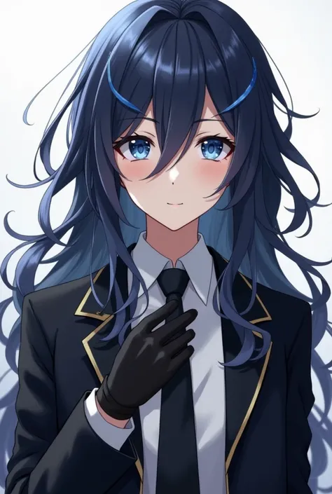 A character in the style of the anime Bungou Stray Dogs .  a 20-year-old girl,  with long wavy jet hair and blue eyes . He wears a white shirt with a black tie and a long black coat.. He also wears black gloves . this would be serious.