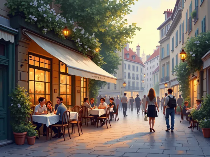  a street with tables and chairs in front of a building,  outdoor European cityscape ,  detailed street , oil、Impressionism、Monet、 pale shade、Beautiful light 、dusk、emotional、 romantic 