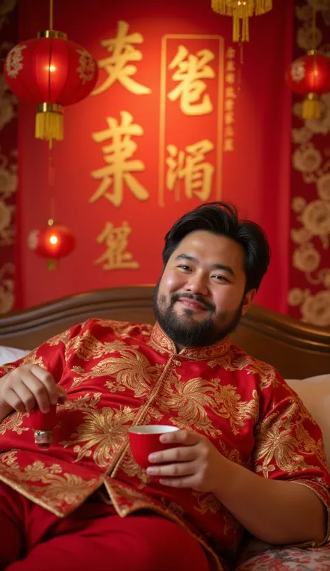 Prompt
A fat korean-japanese mixed-race man Has a slight beard ,wearing a traditional red and gold outfit, lying down on the chinese bed ,one of his hands holding a cup of tea in his hand with a cheerful expression. Behind him, a festive Chinese New Year a...