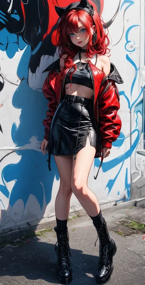  High definition,  Best quality ,  high detail,  high quality, full length ,full frame, Full-length girl , red hair, Two half-tails,  blue eyes, makeup, scarlet lips, Short leather skirt ,short top , Posing against a graffiti wall.