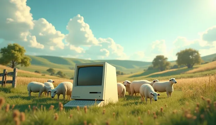 generate a 3d image of old mac with sheep in a farm and a beautiful day in 16:9 ratio 