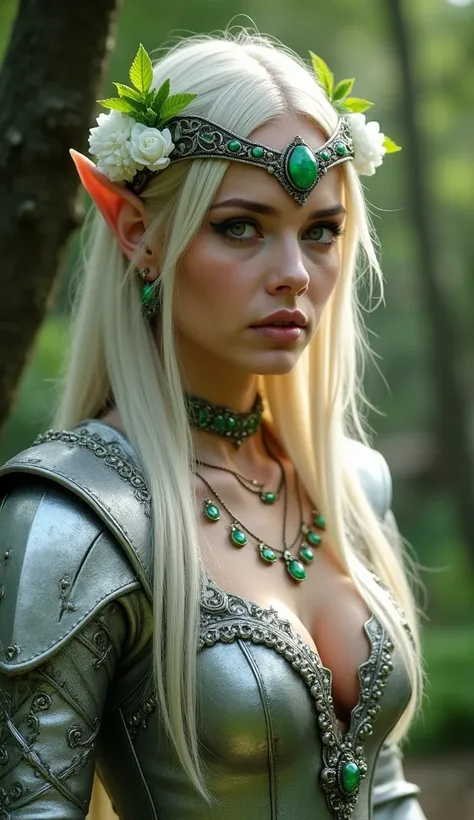 In the image, there is a woman with a look inspired by elves, typical of RPG or fantasy universes. She is in a natural setting, surrounded by trees and greenery in the background.

Her outfit is elaborate, featuring a silver armor adorned with green gemsto...