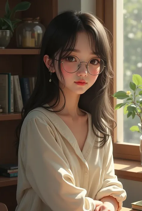 Female, shy, wear glasses