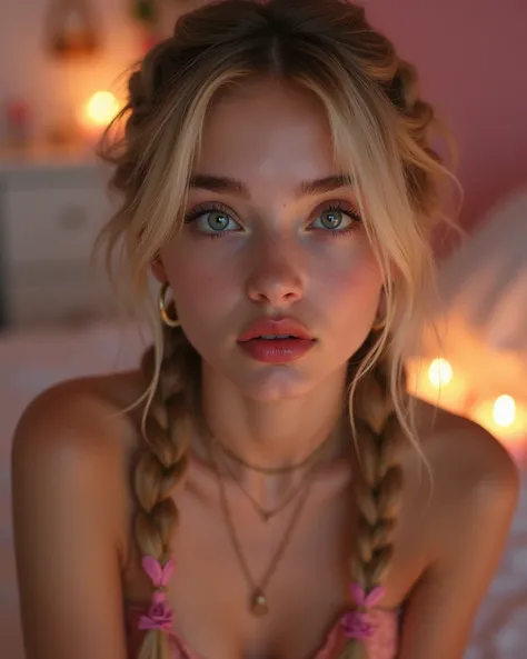  1 girl,   sexy 18 year old , Braids,  beautiful  face,  gorgeous,  beautiful ,  beautiful ,  beautiful  face,  pale skin, parts,  blonde,  blue eyes,  full and shiny lips ,   big lips,  thick lips,  half-open lips  ,   light pink lip gloss , a mask, skinn...