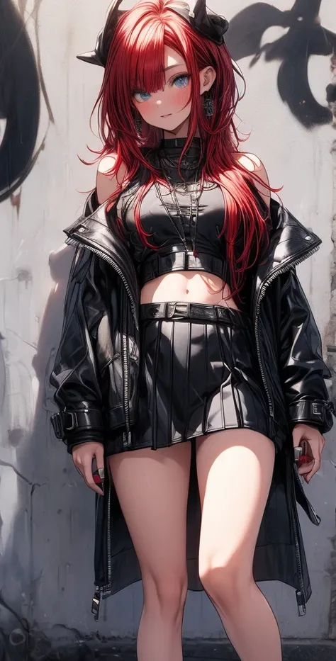  High definition,  Best quality ,  high detail,  high quality, full length ,full frame, Full-length girl , red hair, Two half-tails,  blue eyes, makeup, scarlet lips, Short leather skirt ,short top , Posing against a graffiti wall.