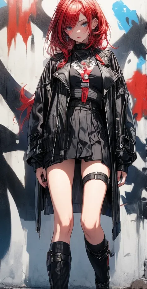  High definition,  Best quality ,  high detail,  high quality, full length ,full frame, Full-length girl , red hair, Two half-tails,  blue eyes, makeup, scarlet lips, Short leather skirt ,short top , Posing against a graffiti wall.