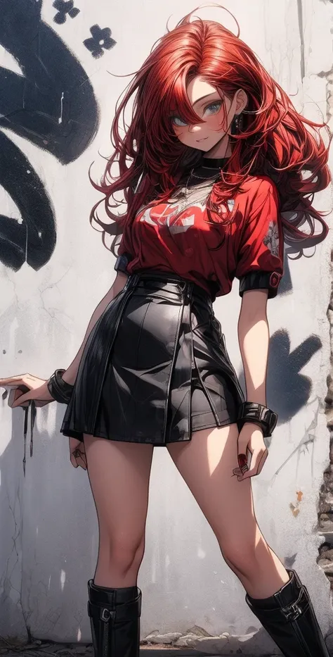  High definition,  Best quality ,  high detail,  high quality, full length ,full frame, Full-length girl , red hair, Two half-tails,  blue eyes, makeup, scarlet lips, Short leather skirt ,short top , Posing against a graffiti wall.