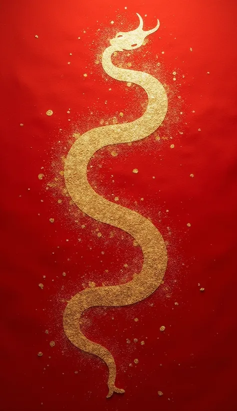 red sprinkled gold paper as background，An abstract snake shape that appears on paper，The snake shape is an Impressionist style，Bold，atmosphere， Chinese style，There are faint fireworks on some parts of the paper，No other superfluous elements