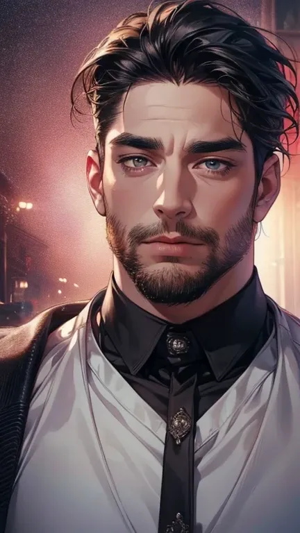 (   best quality,4K,8k,   highres,   masterpiece :1.2),   ultra-detailed   ,(realistic,photorealistic,photo-realistic:1.37),36-year-old man,3 day beard,Beautiful anime,Portraits,strong,Masculine,    with black hair  ,sharp jaw,     mesmerizing eyes     ,  ...