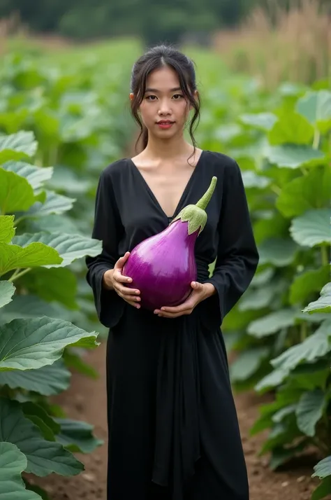  a beautiful young Indonesian woman , black longline , holding a large purple eggplant,Eggplant garden background 