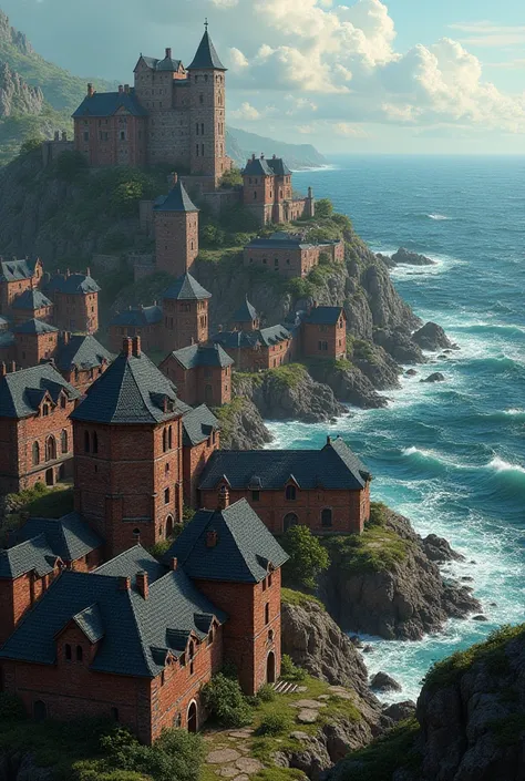 Medieval city on the ocean coast. Many brick houses with black wooden roofs.  Large simple castle, with open towers . Gale sea in the background