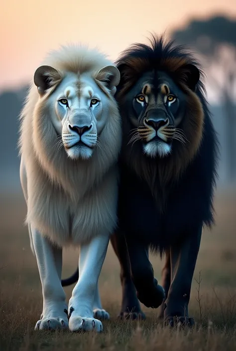 Two majestic lions, a white and a black, side by side in a natural environment .  The white lion has a shiny and shiny coat ,  with clear eyes that convey tranquility ,  while the black lion shows a dark and lustrous coat, with piercing and intense eyes.  ...