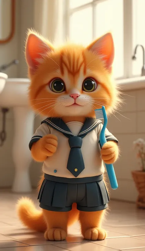 kitten(kitten cat orange , cute, dressed school uniform ) medium toothbrush in the bathroom