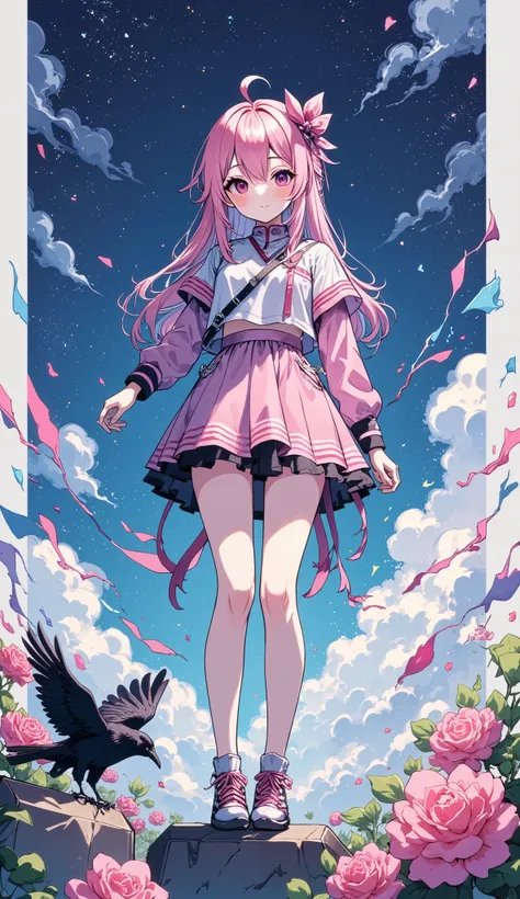 " colorful ink splash art style with a crow in the graveyard. It's on the headstone . Starry Night, flower, fog. colorful ink splash background . 1 girl in the best, anime-style , long hair, red eyes, high resolution,