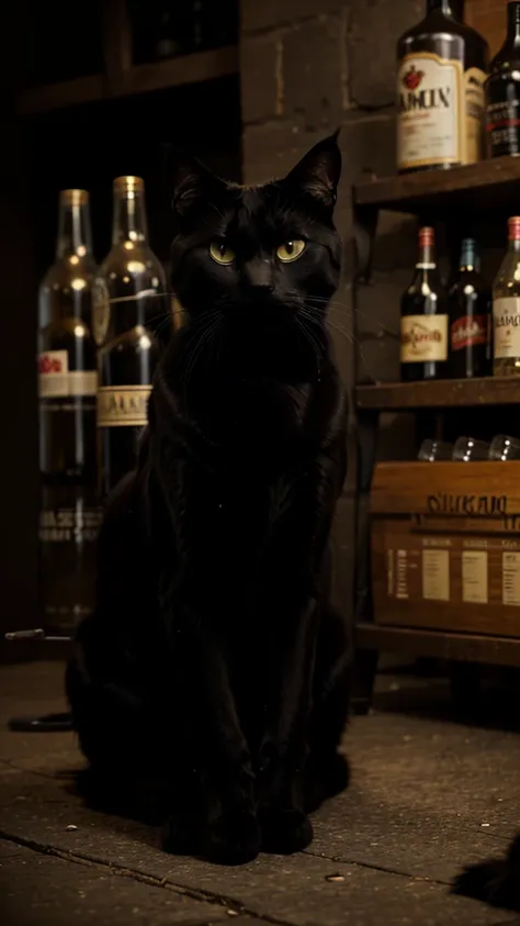  Bulgakov black cat,  is sitting, alcohol bottle ,  harsh look 
