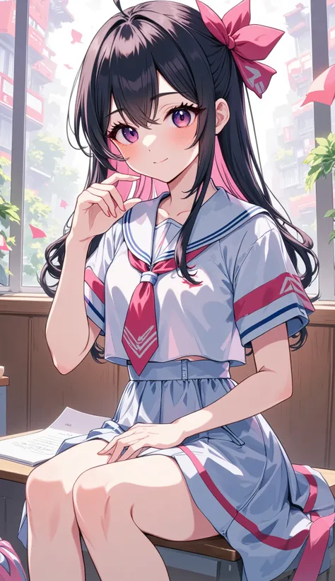(masterpiece, Highest_quality:1.2), 1 girl , Alone, cute, School_ girl _clothing:1.5, detailed eyes ,, long eyelashes, beautiful, elegant , calm expression, complicated details, photo is present, studio lighting , vibrant colors, is present, War...