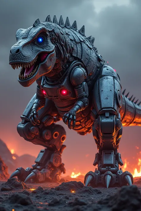 "A powerful hybrid of Optimus Prime and a dinosaur, blending advanced robotic engineering with prehistoric strength. The hybrid has Optimus Prime's iconic metallic armor, complete with glowing blue and red accents, merged with the form of a fierce T-Rex. I...