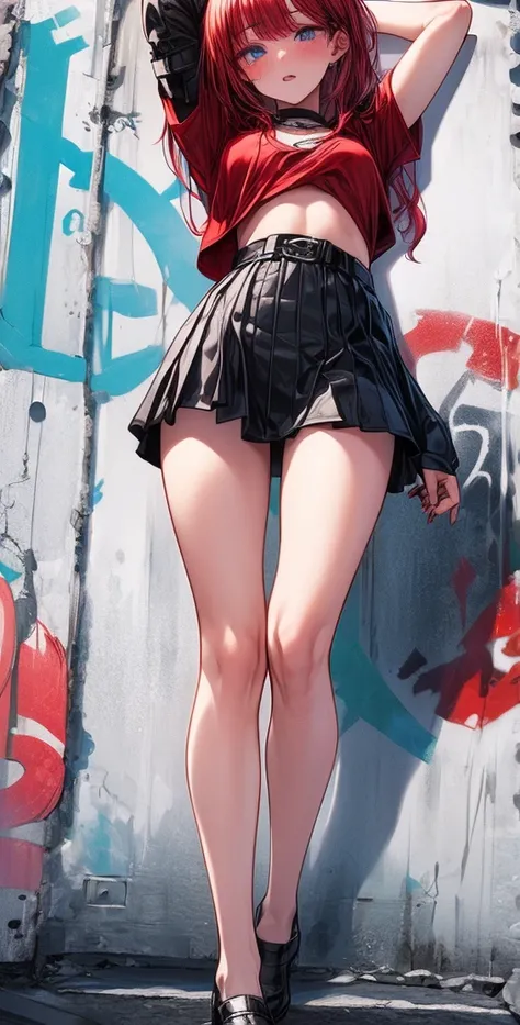  High definition,  Best quality ,  high detail,  high quality, full length ,full frame, Full-length girl , red hair, Two half-tails,  blue eyes, makeup, scarlet lips, Short leather skirt ,short top , Posing against a graffiti wall.