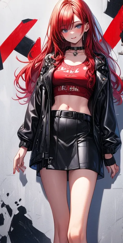  High definition,  Best quality ,  high detail,  high quality, full length ,full frame, Full-length girl , red hair, Two half-tails,  blue eyes, makeup, scarlet lips, Short leather skirt ,short top , Posing against a graffiti wall.