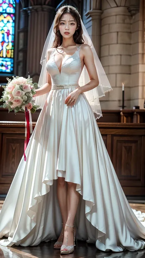 A beautiful young Japanese woman, 26 years old, with healthy thighs, beautiful legs, flawless skin, random hair color and style, large breasts, wearing a (wedding dress:1.3), (she is standing:1.2), full body shot, high heels, holding a bouquet in her hands...