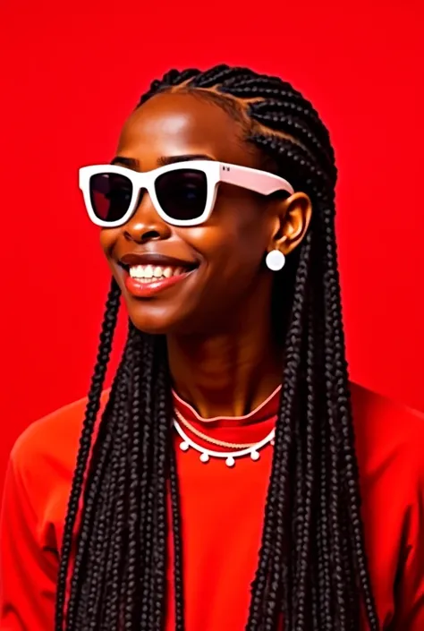 "Create a vibrant studio portrait of a person with long, thick, braided hair styled neatly, wearing bold white sunglasses and a confident smile. The individual is set against a solid red background, creating a striking and energetic contrast. The lighting ...