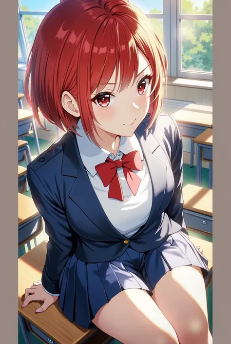 Red Hair Short Hair。 red eyes。Girls&#39; School Uniform。 navy blue jacket。 navy blue pleated skirt。The background is the classroom。 sitting on a chair。