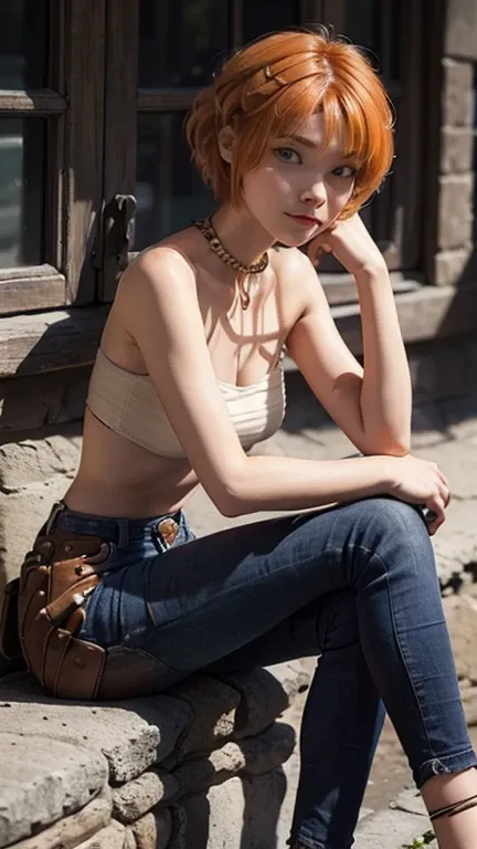 Astrid,  short hair,  curly hair,  orange hair,  nude, collar,  slim body,  small bust,  sitting,  crossed legs ,  in front,  pretty legs, jeans