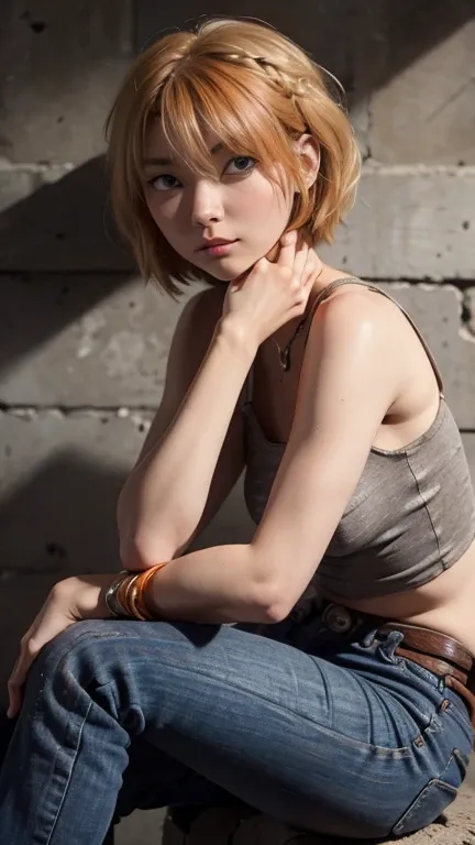 Astrid,  short hair,  curly hair,  orange hair,  nude, collar,  slim body,  small bust,  sitting,  crossed legs ,  in front,  pretty legs, jeans