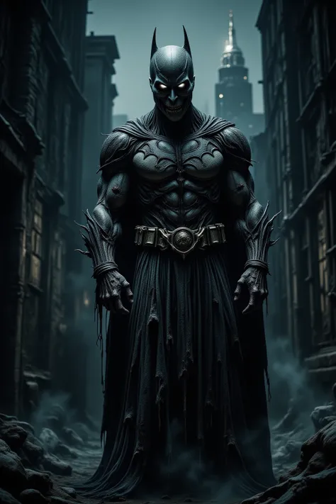 ((masterpiece)) ((photography)) ((Highest quality)) A nightmarish zombie version of Batman, standing in a desolate Gotham alley. His suit is torn and weathered, with pieces of his bat symbol barely visible. His mask is cracked, exposing a grotesque, decomp...