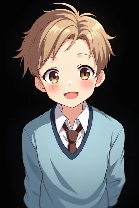 "A highly detailed anime-style illustration of a friendly boy character facing forward, maintaining eye contact with the viewer. The boy has light brown hair styled neatly, expressive large eyes, and a warm smile. He is wearing a modern school uniform with...