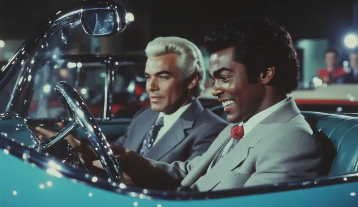 Vincent Vega played by Marlon ,  white and smooth black hair in the foreground in a car,  and in the background a black man in a jacket suit ,  Jules Winnfield played by Sidney Poitier .  The two of them are talking and smiling, While driving the black guy...