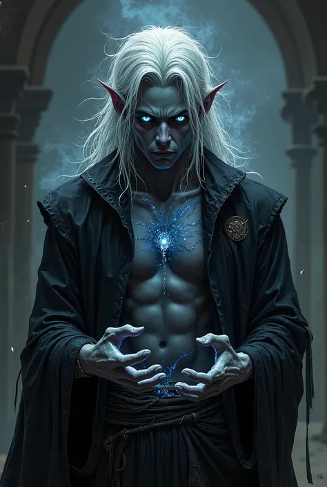 Create an image of a male drow necromancer in his late 20s, deeply corrupted by Ruidium. His skin is a dark obsidian-black with veins of glowing, dark Ruidium running across his arms, neck, and face. His eyes are a pale silver with an unnatural glow, a sig...