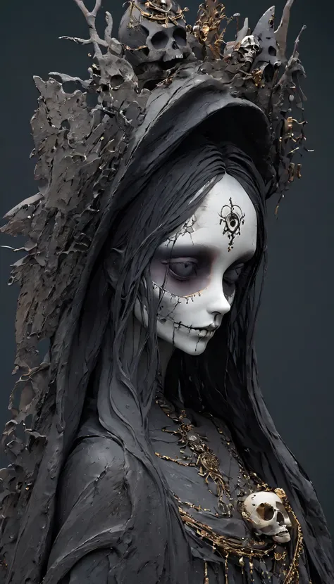 💀,☠,[girl,❤,💀,dark fantasy,💀🥵💗,old,dirty,mineral paint,3D clay clay sculpture art,clay sculpture,a woman,