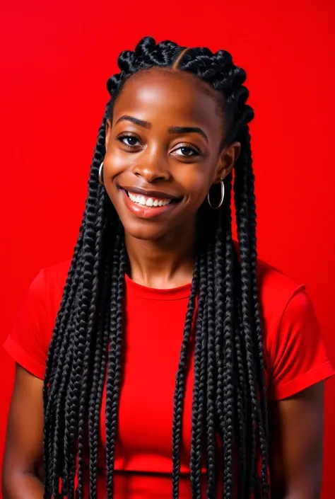 "Create a vibrant studio portrait of a person with long, thick, braided hair styled neat wearing a confident smile. The individual is set against a solid red background, creating a striking and energetic contrast. The lighting is soft and even, emphasizing...