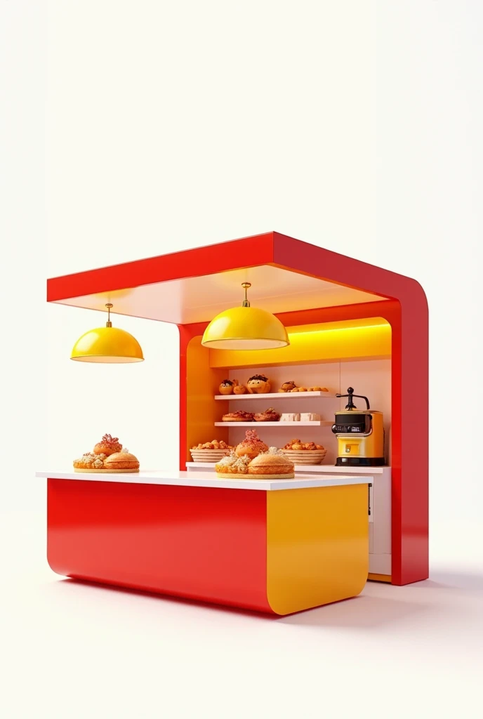 Make a design for a small food stall with a touch of red and yellow with a backround of white with no people