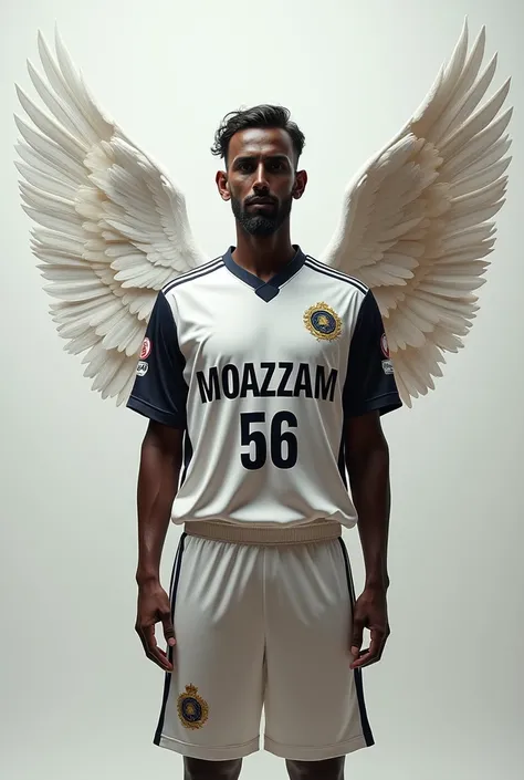 Create a 3D illusion of cricket team jersey MOAZZAM 56 in big and Capital looking ahead and there should be not his shadow and there should be wings to appear as if he is an angel 